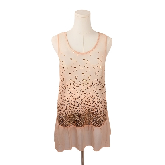 Love 2 Be Loved Peach Sequin Tunic Tank Top Small Sheer Layered Hem - Picture 1 of 5